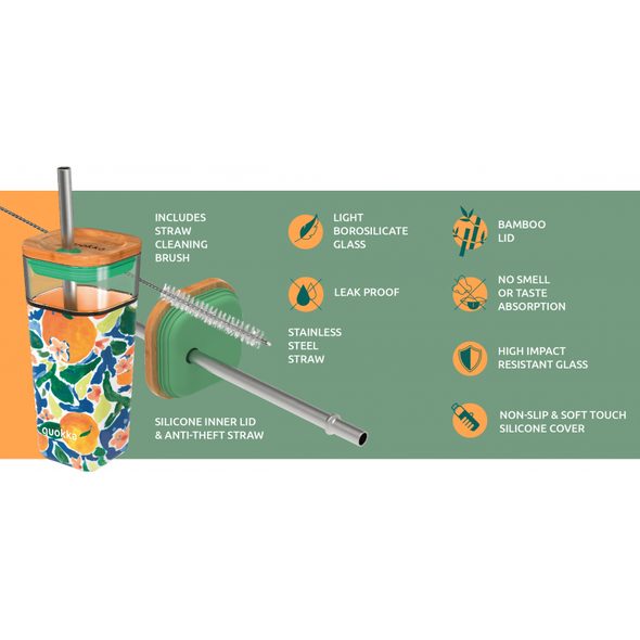 QUOKKA SKLENĚNÝ CESTOVNÍ HRNEK S BRČKEM LIQUID CUBE GREEN 540 ML - SPORTOVNÍ LAHVE - KRMENÍ