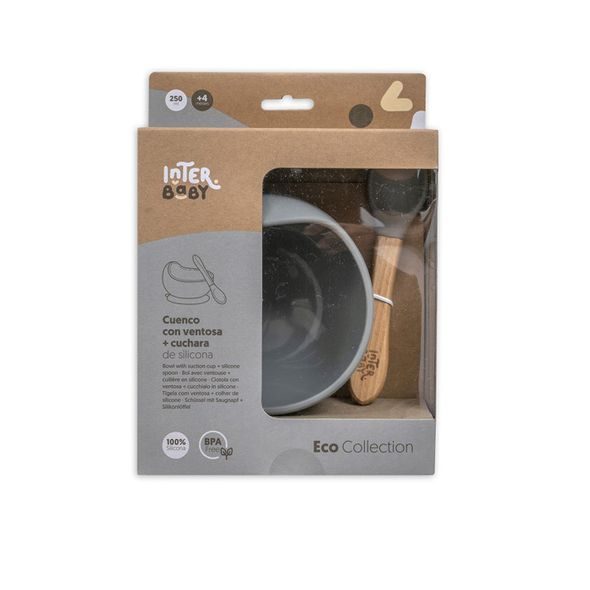 INTERBABY MISKA SILIKONOVÁ + LŽIČKA SILIKONOVÁ - ŠEDÁ - MISKY, TALÍŘKY A PODLOŽKY - KRMENÍ