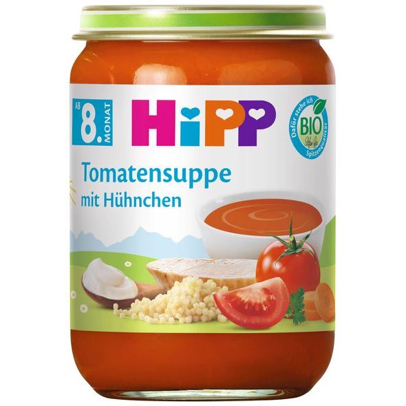 HIPP BIO RAJČATOVÁ POLÉVKA S NUDLEMI A KUŘECÍM MASEM 190 G - EXPIRACE 31.7.2026 - MASO/ZELENINA - KRMENÍ