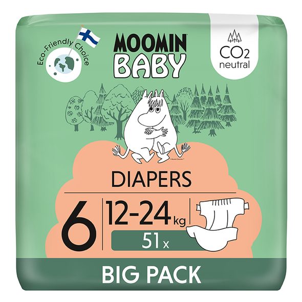 MOOMIN BABY 6 MAXI 12-24 KG (51 KS), EKO PLENKY - JEDNORÁZOVÉ PLENY - PŘEBALOVÁNÍ