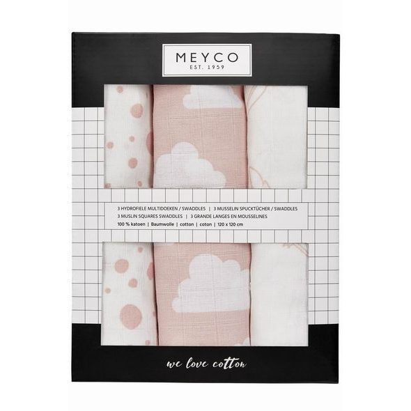 MEYCO PLENY 3-BALENÍ FEATHERS-CLOUDS-DOTS PINK/WHITE - ZAVINOVACÍ PLENY / OSUŠKY VELKÉ - PŘEBALOVÁNÍ