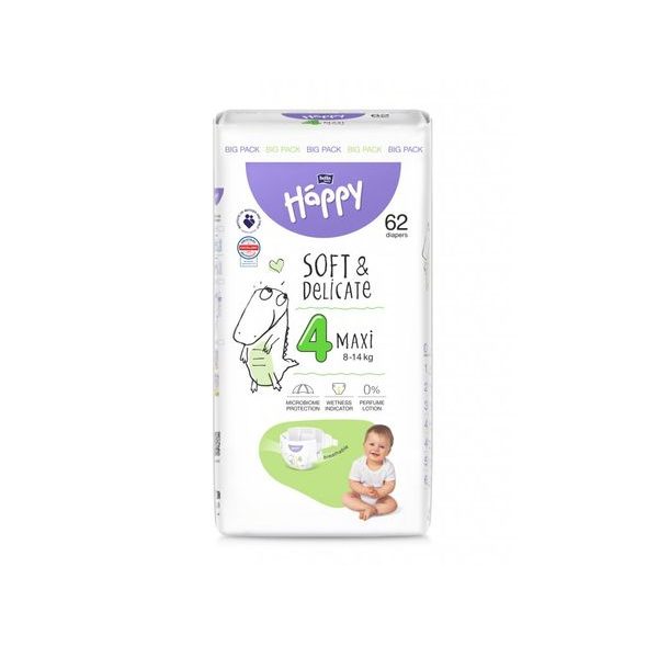 BELLA BABY HAPPY SOFT&DELICATE 4 MAXI 8-14KG 62KS - JEDNORÁZOVÉ PLENY - PŘEBALOVÁNÍ