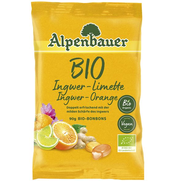 ALPENBAUER BIO PŘÍRODNÍ BONBÓNY ZÁZVOR - POMERANČ - LIMETKA 90 G - SLADKÉ ZOBÁNÍ - PRE MAMIČKY