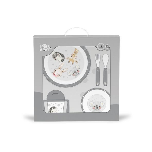 INTERBABY JÍDELNÍ SET ZVÍŘÁTKA +6M - ŠEDÝ - MISKY, TALÍŘKY A PODLOŽKY - KRMENÍ