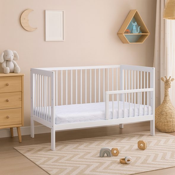 SCARLETT DĚTSKÁ POSTÝLKA SCARLETT KAMILA - BÍLÁ (BOROVICE) - STAHOVACÍ + VÁLENDOVÁ BOČNICE - 120 X 60 CM - DŘEVĚNÉ POSTÝLKY - SPINKÁNÍ