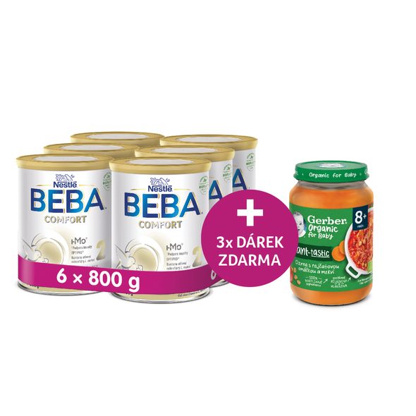 BEBA 6X COMFORT 5 (800G) + ZDARMA 3X GERBER 100% ROSTLINNÝ PŘÍKRM CIZRNA S RAJČATOVOU OMÁČKOU A MRKVÍ - KOJENECKÁ MLÉKA - KRMENÍ