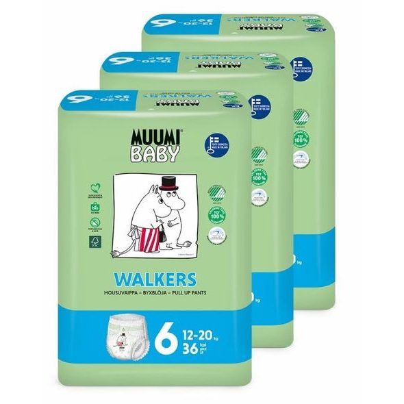 MUUMI BABY WALKERS 6 JUNIOR 12-20 KG (108 KS), MĚSÍČNÍ BALENÍ KALHOTKOVÝCH EKO PLEN - JEDNORÁZOVÉ PLENY - PŘEBALOVÁNÍ