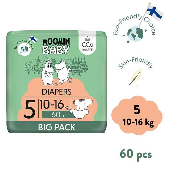 MOOMIN BABY 5 MAXI 10-16 KG (60 KS), EKO PLENKY - JEDNORÁZOVÉ PLENY - PŘEBALOVÁNÍ