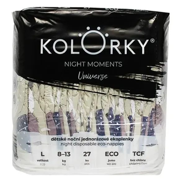 KOLORKY NIGHT MOMENTS UNIVERSE L (8-13 KG) 27 KS NOČNÍ JEDNORÁZOVÉ EKO PLENKY - JEDNORÁZOVÉ PLENY - VŠETKO NA PREBAĽOVANIE