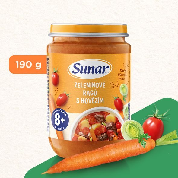 SUNAR PŘÍKRM ZELENINOVÉ RAGÚ S HOVĚZÍM 8M+ 190G - MASO/ZELENINA - KRMENÍ