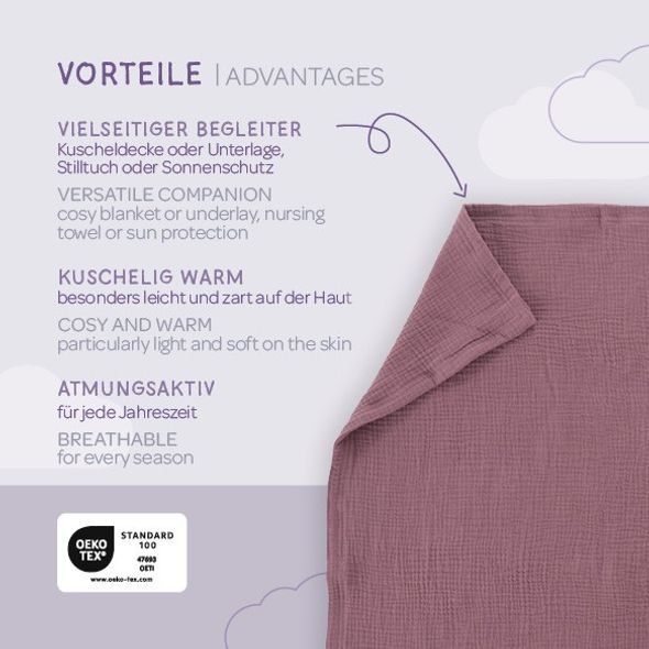 TRÄUMELAND MUŠELÍNOVÁ DEKA 100 X 75 CM PFLAUME - DĚTSKÉ DEKY PRO MIMINKA - SPINKÁNÍ