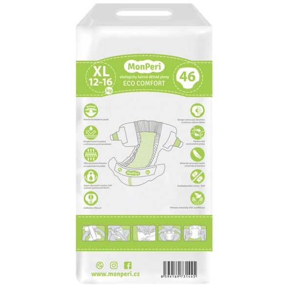 MONPERI ECO COMFORT XL 12–16 KG - 46KS EKO JEDNORÁZOVÉ DĚTSKÉ PLENKY (VELIKOST 5) - JEDNORÁZOVÉ PLENY - PŘEBALOVÁNÍ