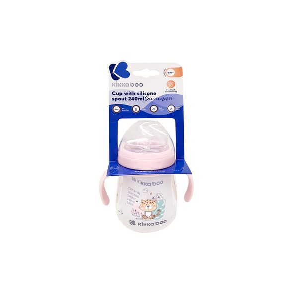 KIKKABOO HRNEK SE SILIKONOVÝM PÍTKEM 240ML 6M+ SAVANNA PINK - DĚTSKÉ HRNEČKY - KRMENÍ