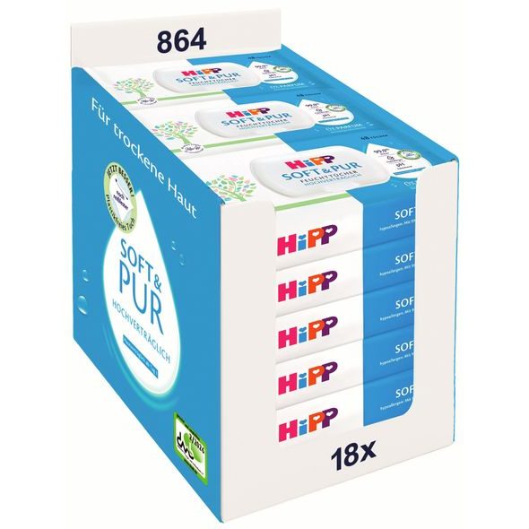 HIPP BABYSANFT ČISTÍCÍ VLHČENÉ UBROUSKY SOFT&PUR + VÍČKO 18X48 KS - VLHČENÉ UBROUSKY - PŘEBALOVÁNÍ