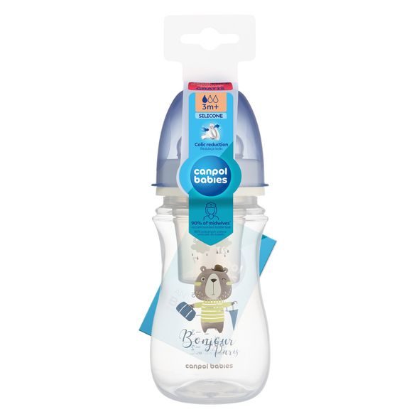 CANPOL BABIES LAHEV SE ŠIROKÝM HRDLEM BONJOUR PARIS 240ML MODRÁ - KOJENECKÉ LAHVE - KRMENÍ