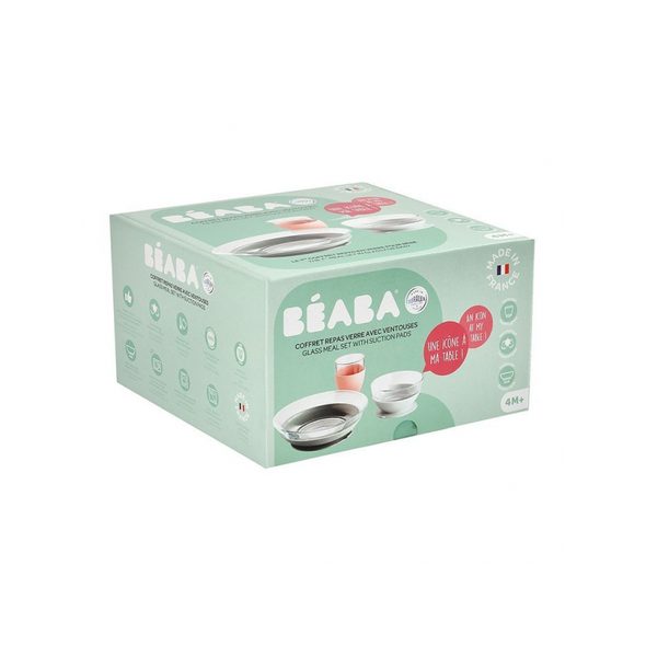 BEABA JÍDELNÍ SADA SKLENĚNÁ S PŘÍSAVKAMI EUCALYPTUS - MISKY, TALÍŘKY A PODLOŽKY - KRMENÍ