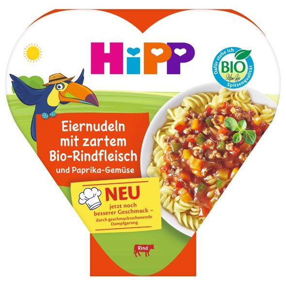 HIPP VAJEČNÉ NUDLE S ZELENINOU A PAPRIKOU A JEMNÝM BIO HOVĚZÍM MASEM 250 G - MASO/ZELENINA - KRMENÍ