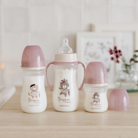 CANPOL BABIES LAHEV SE ŠIROKÝM HRDLEM BONJOUR PARIS 240ML RŮŽOVÁ - KOJENECKÉ LAHVE - KRMENÍ