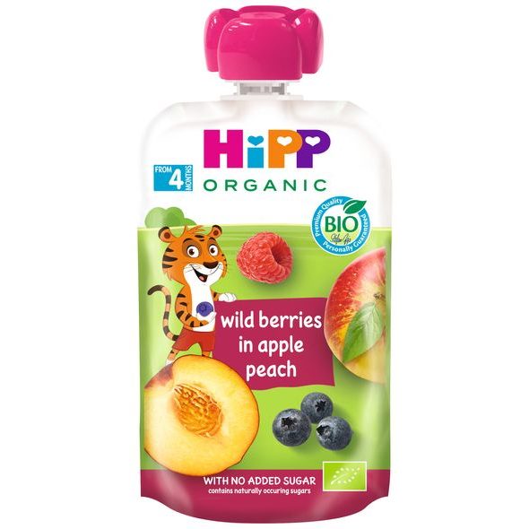 HIPP BIO 100% OVOCE JABLKO-BROSKEV-LESNÍ OVOCE - KAPSIČKY - KRMENÍ