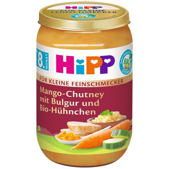 HIPP BIO "MALÝ GURMÁN" MANGO CHUTNEY S BULGUREM A KUŘECÍM MASEM A ZELENINOU - MASO/ZELENINA - KRMENÍ