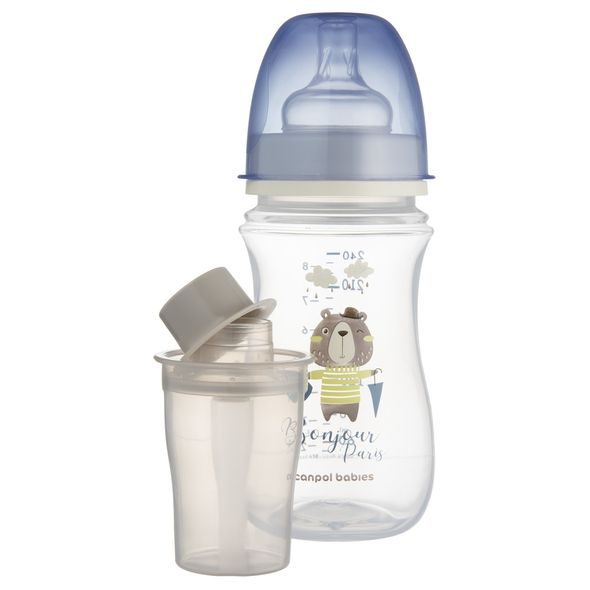 CANPOL BABIES LAHEV SE ŠIROKÝM HRDLEM BONJOUR PARIS 240ML MODRÁ - KOJENECKÉ LAHVE - KRMENÍ