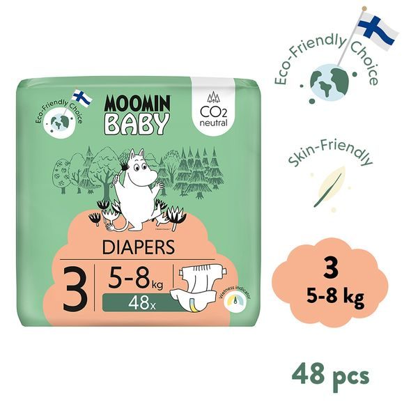 MOOMIN BABY 3 MIDI 5–8 KG (144 KS), MĚSÍČNÍ BALENÍ EKO PLEN + KOŠ ZDARMA - JEDNORÁZOVÉ PLENY - PŘEBALOVÁNÍ