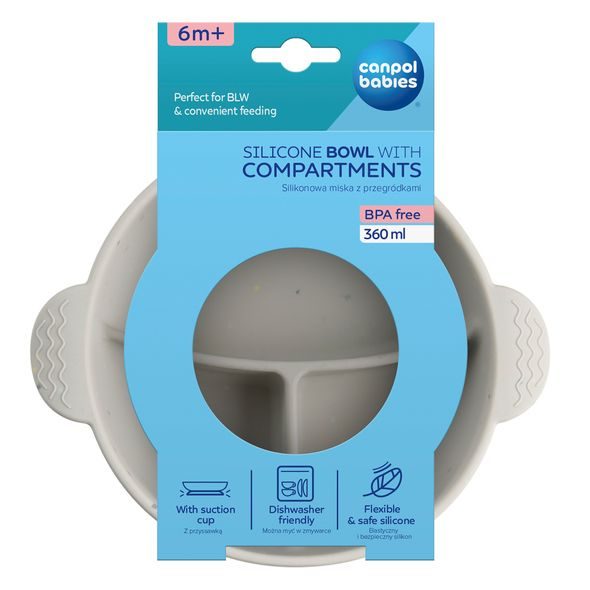 CANPOL BABIES SILIKONOVÁ DĚLENÁ MISKA S PŘÍSAVKOU DOTS 360ML ŠEDÁ - MISKY, TALÍŘKY A PODLOŽKY - KRMENÍ