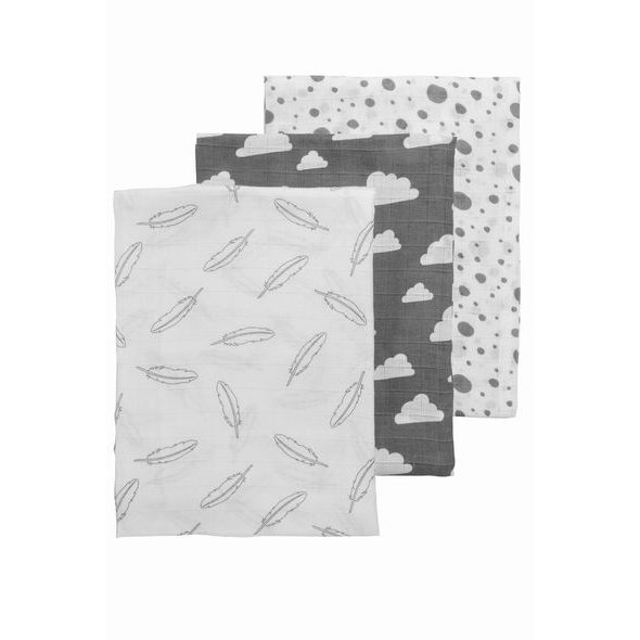 MEYCO PLENY 3-BALENÍ FEATHERS-CLOUDS-DOTS GREY/WHITE - ZAVINOVACÍ PLENY / OSUŠKY VELKÉ - PŘEBALOVÁNÍ