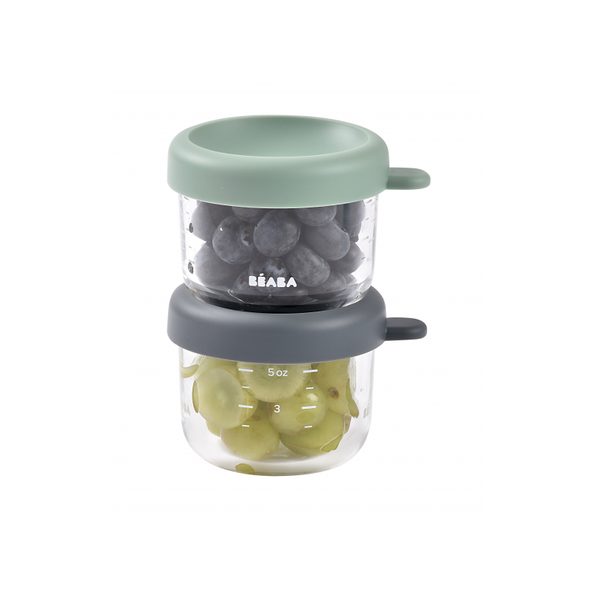 BEABA KELÍMKY NA JÍDLO SKLENĚNÉ 2X 150 ML GREEN GREY - USKLADNĚNÍ JÍDLA - KRMENÍ