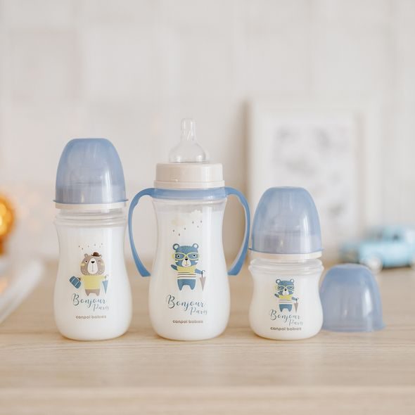 CANPOL BABIES LAHEV SE ŠIROKÝM HRDLEM BONJOUR PARIS 240ML MODRÁ - KOJENECKÉ LAHVE - KRMENÍ