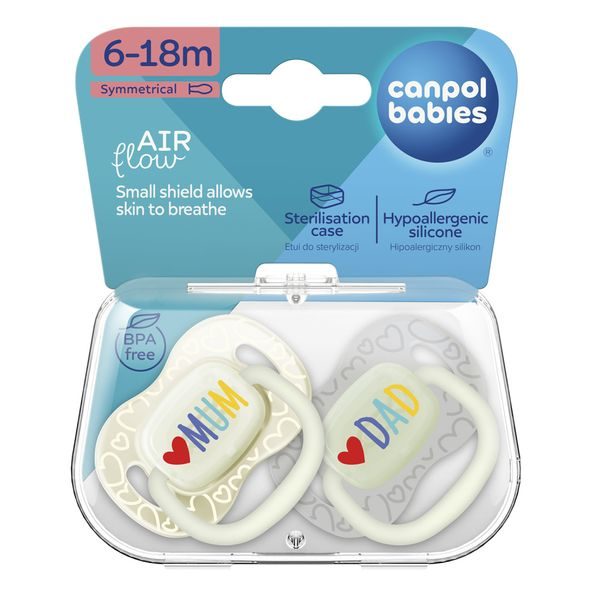 CANPOL BABIES DUDLÍK SVÍTÍCÍ SILIKONOVÝ SYMETRICKÝ LOVE MUM&DAD 6-18M 2KS - ŠIDÍTKA A DOPLŇKY - KRMENÍ