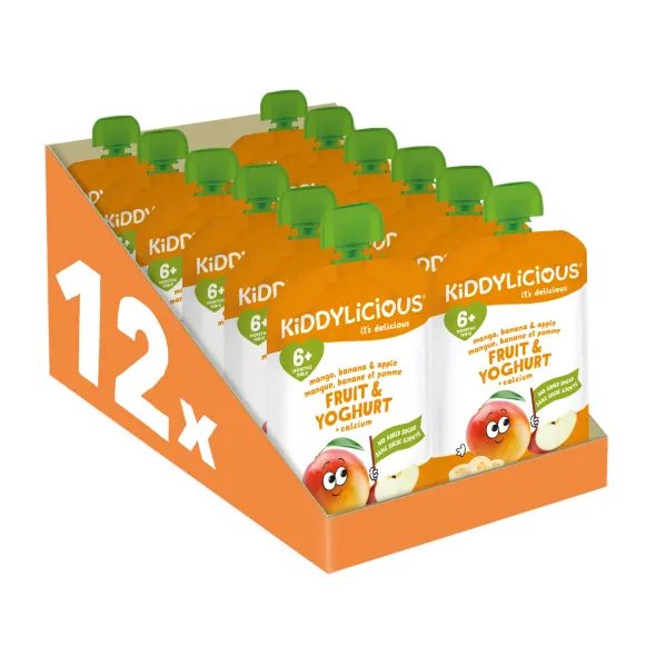 KIDDYLICIOUS OVOCNÁ KAPSIČKA S MANGEM, BANÁNEM, JABLKEM A JOGURTEM (12X100G) - KAPSIČKY - KRMENÍ