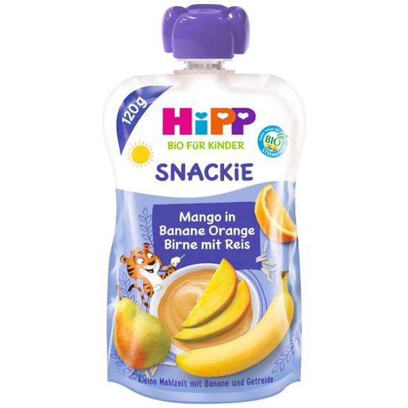 HIPP BIO SNACKIE HRUŠKA-POMERANČ-MANGO-BANÁN-RÝŽOVÁ MOUKA - KAPSIČKY - KRMENÍ