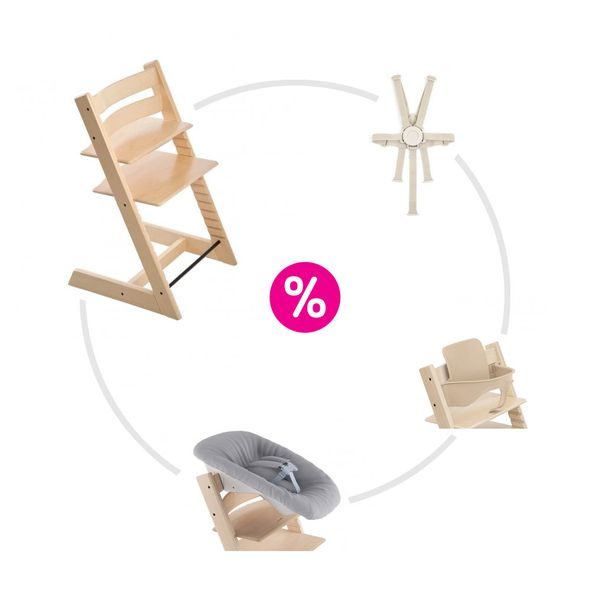 STOKKE® TRIPP TRAPP® + NOVOROZENECKÁ SADA + BABY SET + PÁSY ZVÝHODNĚNÁ SADA - JÍDELNÍ ŽIDLIČKY DŘEVĚNÉ - KRMENÍ