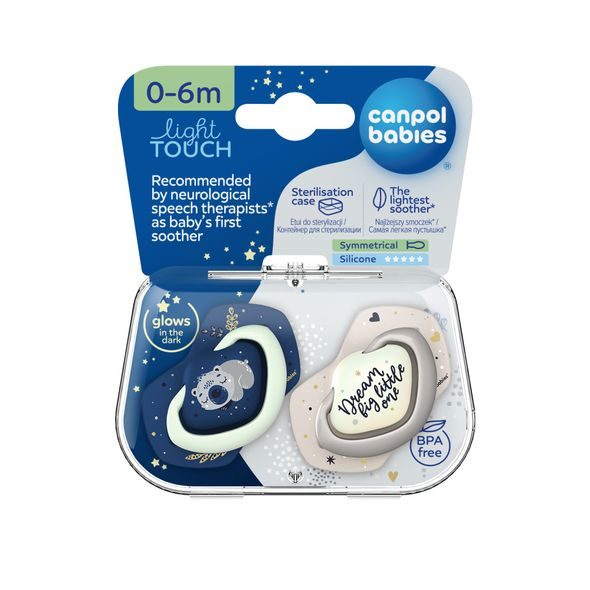 CANPOL BABIES SET SYMETRICKÝCH SILIKONOVÝCH DUDLÍKŮ LIGHT TOUCH 0-6M SLEEPY KOALA MODRÝ - ŠIDÍTKA A DOPLŇKY - KRMENÍ