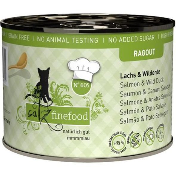 CATZ FINEFOOD KONZERVA CF RAGOUT NO.605 – S LOSOSEM A DIVOKOU KACHNOU 180 G - KONZERVY PRO KOČKY - CHOVATELSKÉ POTŘEBY MALVÍKZOO