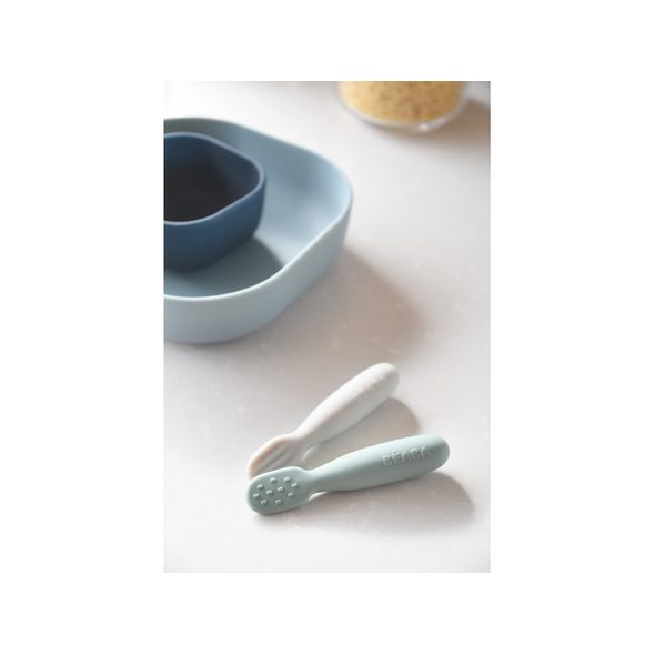 BEABA PRVNÍ TRÉNOVACÍ LŽIČKY SILIKONOVÉ SAGE GREEN / VELVET GREY - LŽIČKY A PŘÍBORY - KRMENÍ