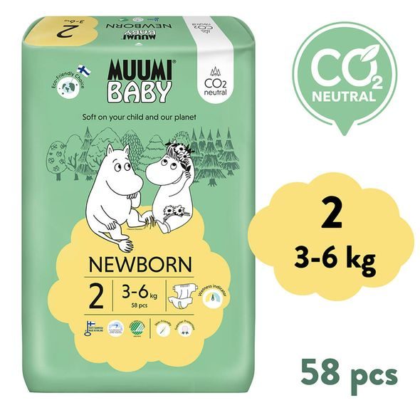 MUUMI BABY 2 NEWBORN 3–6 KG (58 KS), EKO PLENY - JEDNORÁZOVÉ PLENY - PŘEBALOVÁNÍ