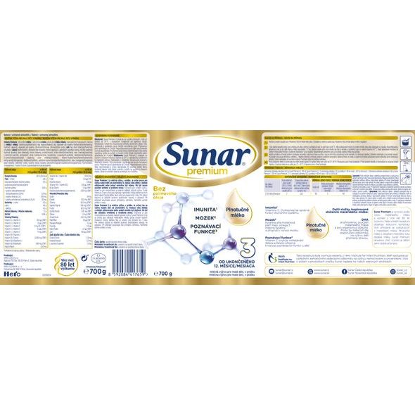 SUNAR PREMIUM 3 MLÉKO BATOLECÍ 700G - KOJENECKÁ MLÉKA - KRMENÍ
