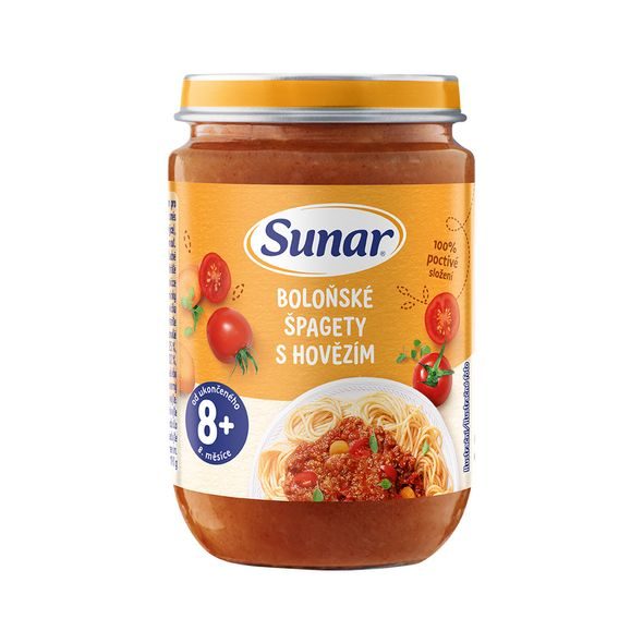SUNAR PŘÍKRM ŠPAGETY S BOLOŇSKOU OMÁČKOU 8M+ 190G - MASO/ZELENINA - KRMENÍ