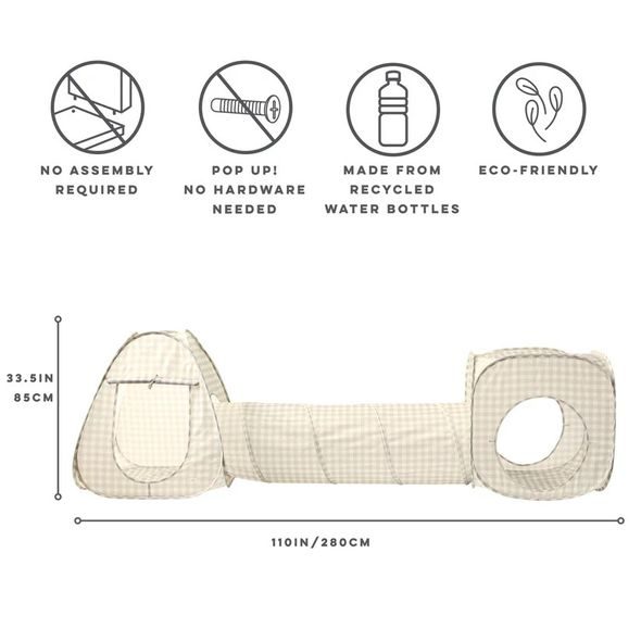 3 SPROUTS DĚTSKÝ STAN A TUNEL 3V1 RECYCLED GINGHAM BEIGE - UV STANY - PRO DĚTI