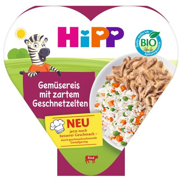 HIPP BIO RÝŽE SE ZELENINOU A HRÁŠKEM A JEMNĚ NAKRÁJENÝM HOVĚZÍM MASEM 250 G - MASO/ZELENINA - KRMENÍ