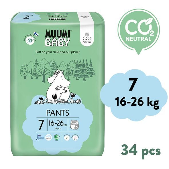 MUUMI BABY PANTS 7 XL 16-26 KG (102 KS), MĚSÍČNÍ BALENÍ KALHOTKOVÝCH EKO PLEN + KOŠ ZDARMA - JEDNORÁZOVÉ PLENY - PŘEBALOVÁNÍ
