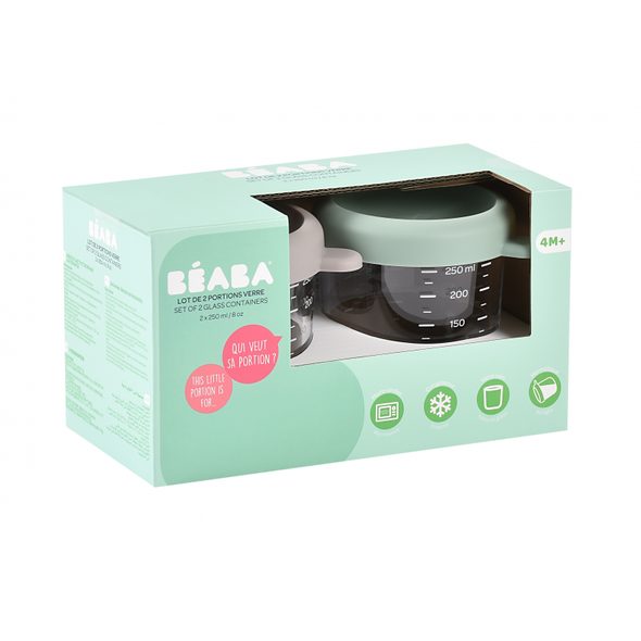 BEABA KELÍMKY NA JÍDLO SKLENĚNÉ 2X 250 ML GREEN GREY - USKLADNĚNÍ JÍDLA - KRMENÍ