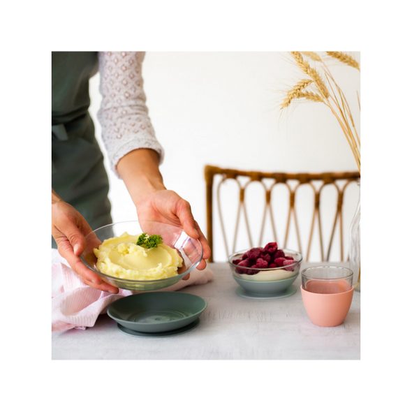 BEABA JÍDELNÍ SADA SKLENĚNÁ S PŘÍSAVKAMI EUCALYPTUS - MISKY, TALÍŘKY A PODLOŽKY - KRMENÍ