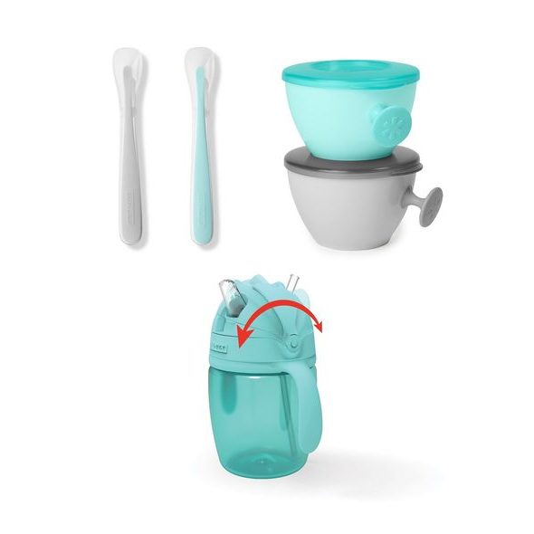 SKIP HOP SET JÍDELNÍ S HRNKEM 5 KS EASY-FEED MEALTIME SET TEAL / GREY 6M+ - VÝHODNÉ SADY - KRMENÍ