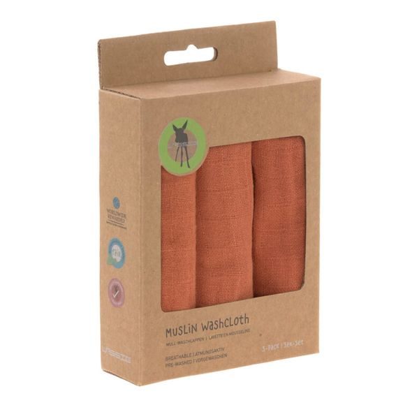 LÄSSIG MUSLIN WASHCLOTH SET 3 PCS RUST - ŽÍNKY A HOUBIČKY - KOUPÁNÍ A ZDRAVÍ