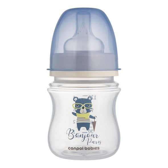 CANPOL BABIES LAHEV SE ŠIROKÝM HRDLEM BONJOUR PARIS 120ML MODRÁ - KOJENECKÉ LAHVE - KRMENÍ
