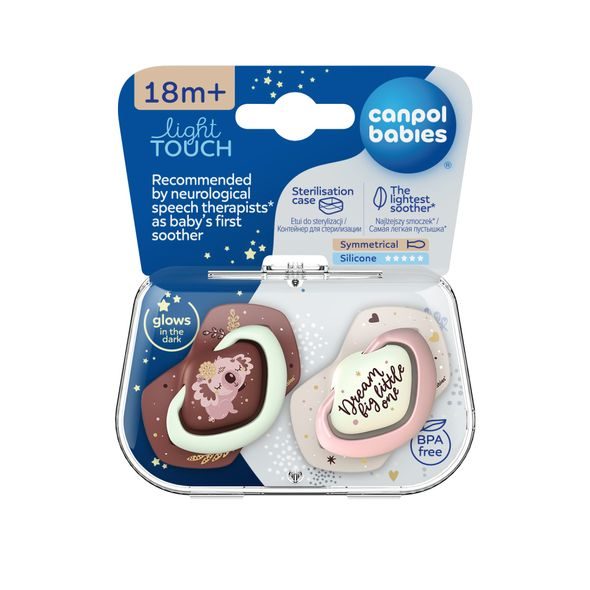 CANPOL BABIES SET SYMETRICKÝCH SILIKONOVÝCH DUDLÍKŮ LIGHT TOUCH 18M+ SLEEPY KOALA RŮŽOVÝ - ŠIDÍTKA A DOPLŇKY - KRMENÍ