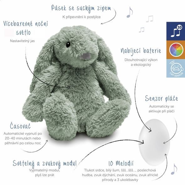 ZAZU KRÁLÍČEK RO ZELENÝ - ŠUMÍCÍ ZVÍŘÁTKO S NOČNÍM SVĚTLEM A USB NABÍJENÍM - USÍNÁČCI ŠUMÍCÍ / S TLUKOTEM - PRO DĚTI